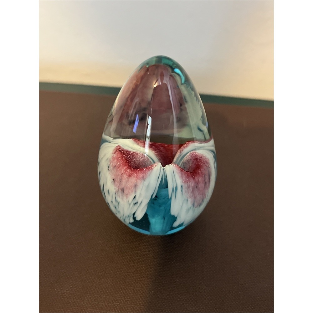 Glass Eye Studio Blue Pink White Flower Egg Paperweight Vintage 1996